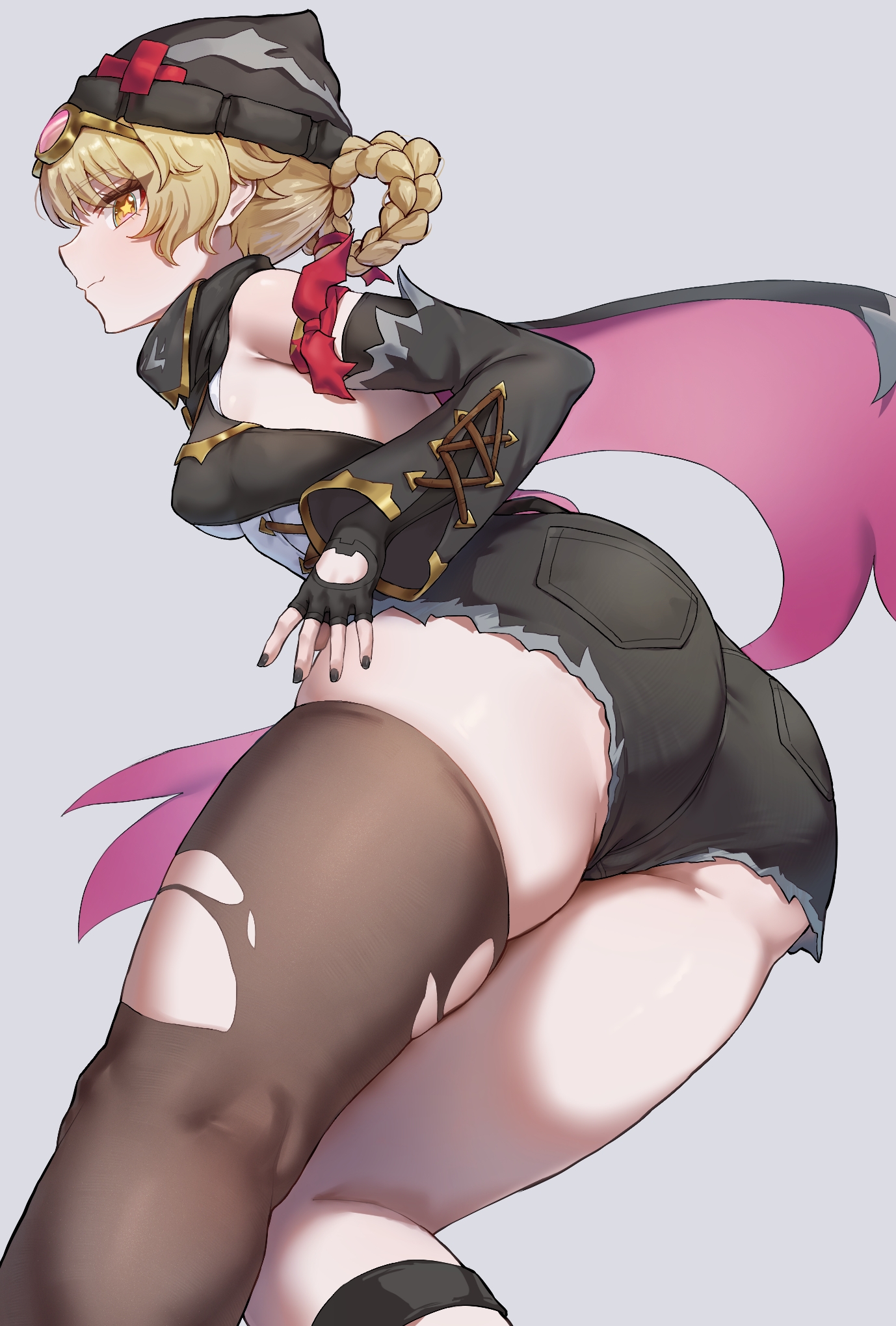 kadokadokado, jahoda (genshin impact), genshin impact, commentary request, highres, 1girl, animal ear headwear, ass, black gloves, black nails, black shorts, braid, braided hair rings, closed mouth, clothing cutout, fake animal ears, fingerless gloves, fingernails, glove cutout, gloves, goggles, goggles on head, hair rings, looking at viewer, pink-tinted eyewear, short shorts, shorts, simple background, smile, solo, thighhighs, thighs, tinted eyewear, torn clothes, torn thighhighs