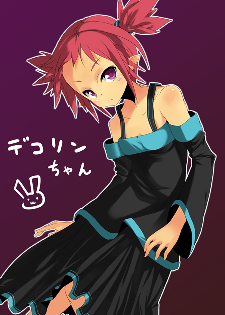 amaa (chou dennou jidai), hinoeya kiuri, hanako (disgaea), disgaea, nippon ichi, original, 1girl, bare shoulders, demon girl, detached sleeves, female focus, flat chest, pointy ears, red eyes, red hair, skirt, solo, twintails