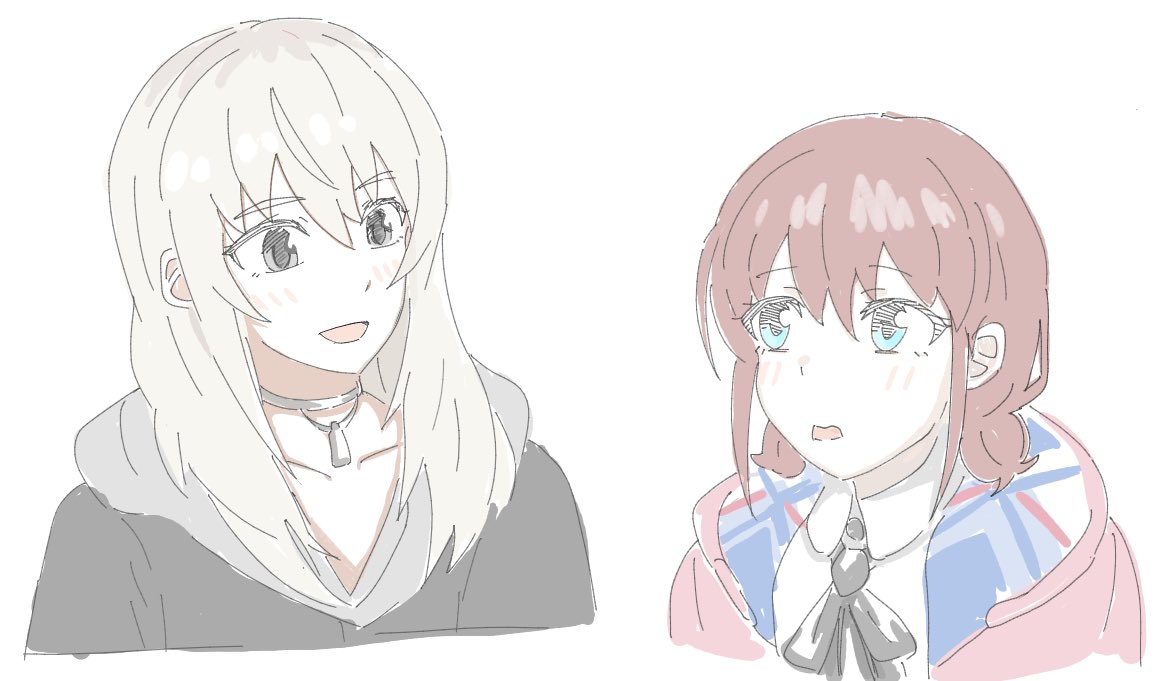 n nai nai n, iseri nina, kawaragi momoka, girls band cry, 2girls, blue eyes, blush, brown hair, choker, grey choker, grey eyes, hair between eyes, hood, hood down, hooded jacket, jacket, long hair, low twintails, multicolored hair, multiple girls, open mouth, red jacket, roots (hair), short hair, short twintails, simple background, twintails, upper body, white background