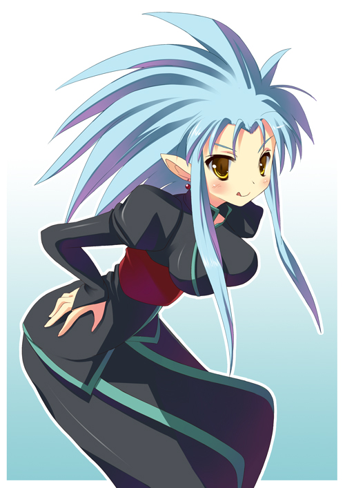 amaa (chou dennou jidai), hinoeya kiuri, ryouko (tenchi muyou!), tenchi muyou!, bad id, bad pixiv id, 1girl, blue hair, blush, breasts, earrings, female focus, jewelry, large breasts, pointy ears, solo, spiked hair, yellow eyes