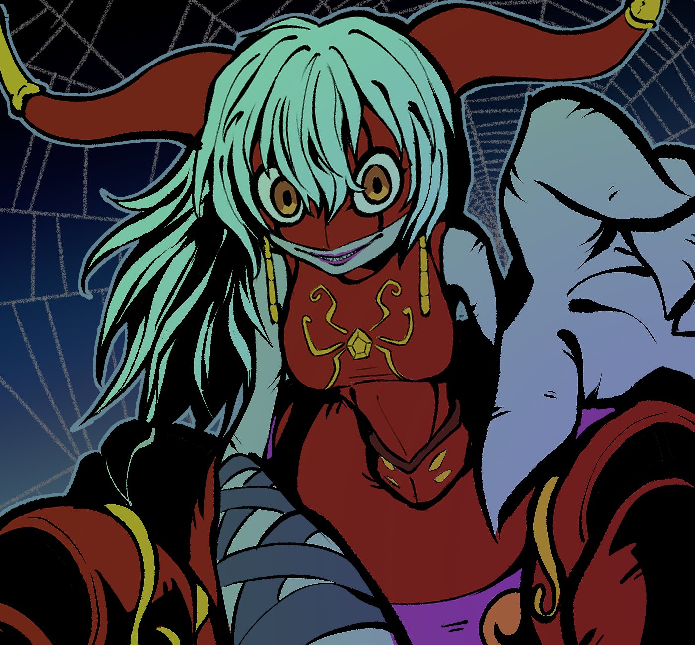 oh sorry 01, archnemon, digimon, highres, 1girl, arachne, arthropod girl, bare shoulders, breasts, cowboy shot, digimon (creature), grey hair, insect girl, long hair, medium breasts, monster girl, parted lips, red shirt, sharp teeth, shirt, silk, smile, solo, spider girl, spider web, taur, teeth, yellow eyes