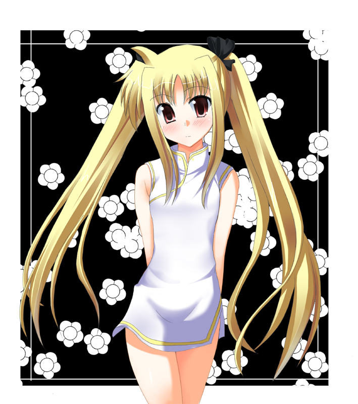 odaya, odayan, fate testarossa, lyrical nanoha, mahou shoujo lyrical nanoha, mahou shoujo lyrical nanoha a's, mahou shoujo lyrical nanoha strikers, 00s, blonde hair, blush, china dress, chinese clothes, dress, long hair, red eyes, solo, twintails