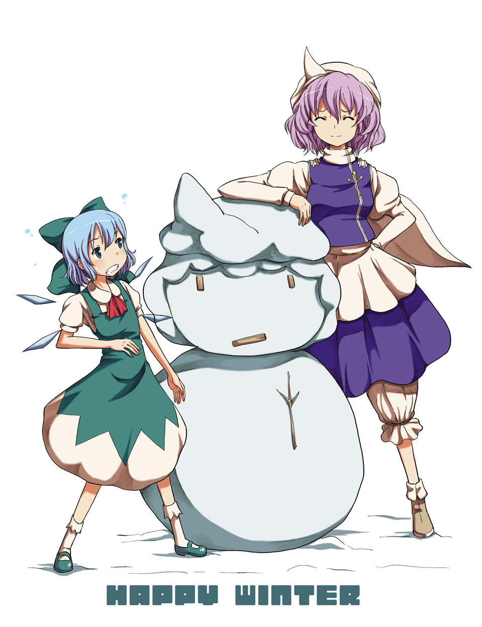 mishima hiroji, cirno, letty whiterock, touhou, highres, 2girls, blue eyes, blue hair, female focus, hat, multiple girls, purple hair, ribbon, short hair, smile, snowman, socks, wings, winter