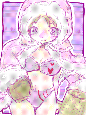 ice climbers, nana (ice climber), ice climber, nintendo, lowres, 1girl, blue eyes, blush, bra, breasts, brown hair, cleavage, coat, female focus, fur trim, hammer, hood, lingerie, mallet, mittens, open clothes, open coat, panties, solo, underwear