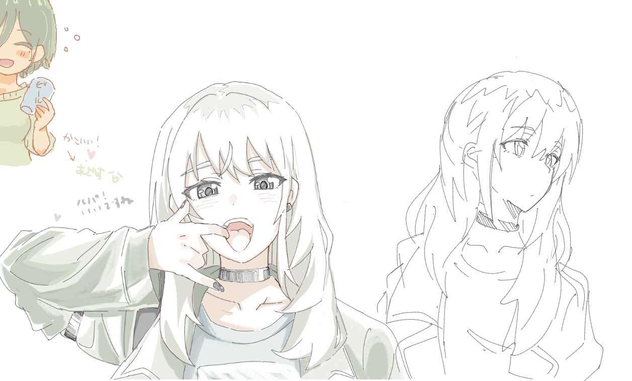 n nai nai n, kawaragi momoka, rupa (girls band cry), girls band cry, translation request, 2girls, black choker, black nails, choker, drunk, finger in own mouth, grey eyes, grey hair, hair between eyes, long hair, long hair between eyes, mole, mole under eye, multicolored hair, multiple girls, nail polish, roots (hair), simple background, white background