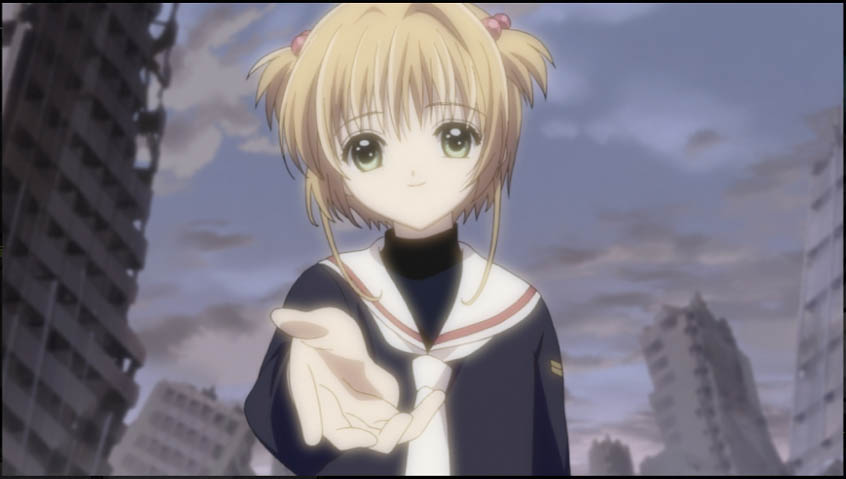 kinomoto sakura, cardcaptor sakura, tsubasa chronicle, anime screenshot, 00s, 1990s (style), 1girl, brown hair, cameo, child, female focus, green eyes, hair bobbles, hair ornament, hallucination, outstretched hand, retro artstyle, ruins, school uniform, short hair, smile, solo, tomoeda middle school uniform, two side up
