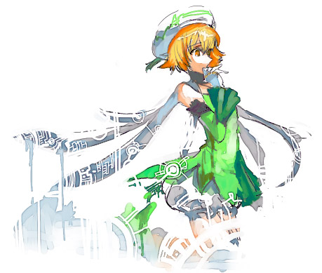 yokoshima (tirimoti), atoli, atoli (.hack//), .hack//, .hack//g.u., bandai, cyber connect 2, bad id, bad pixiv id, lowres, 00s, 1girl, blonde hair, bloomers, blunt bangs, detached sleeves, dress, female focus, full body, green dress, kneeling, long sleeves, short hair, simple background, solo, thighhighs, underwear, white background, white bloomers, white thighhighs, zettai ryouiki