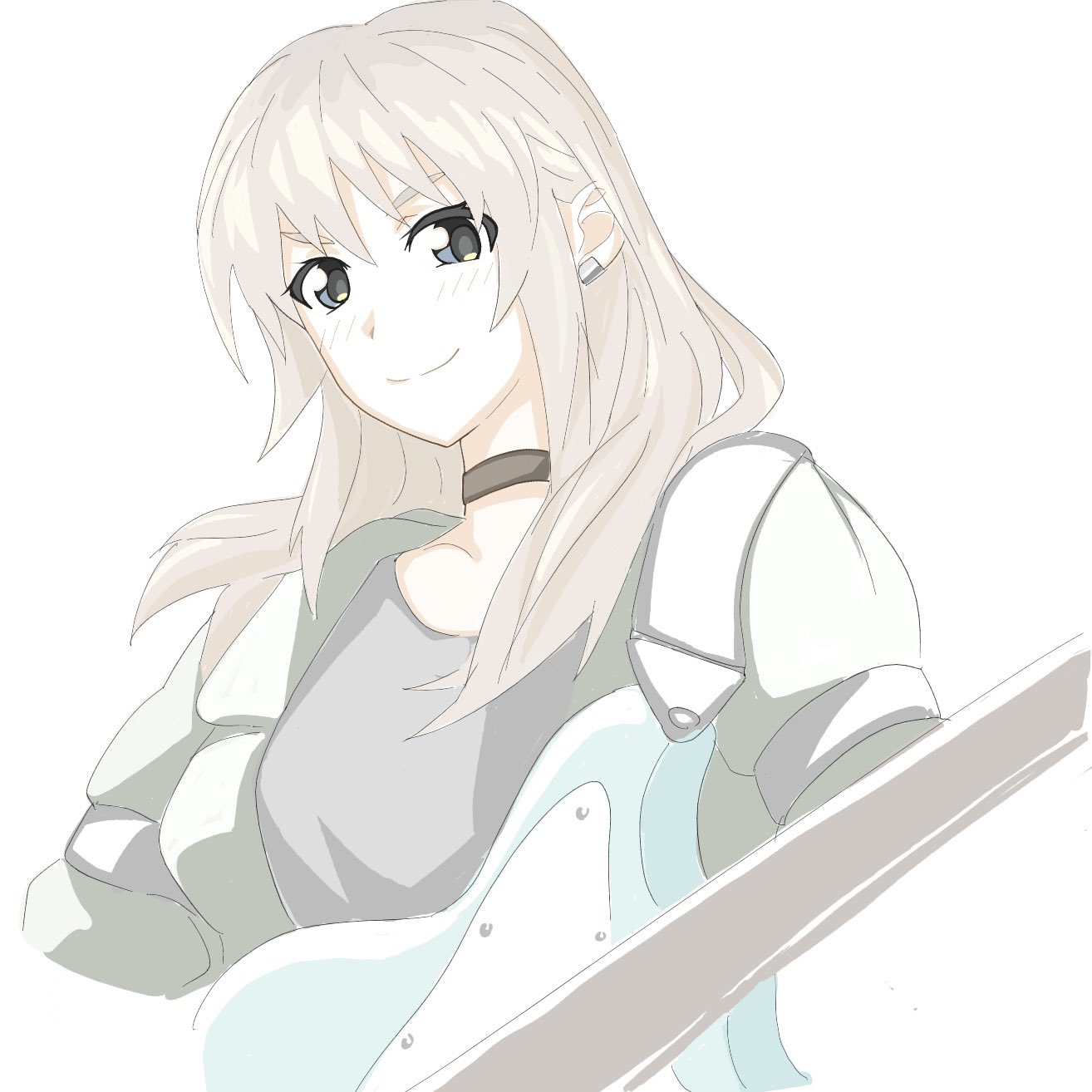n nai nai n, kawaragi momoka, girls band cry, highres, 1girl, black choker, black shirt, blush, choker, closed mouth, earclip, electric guitar, grey eyes, grey hair, guitar, instrument, multicolored hair, roots (hair), shirt, simple background, solo, upper body, white background