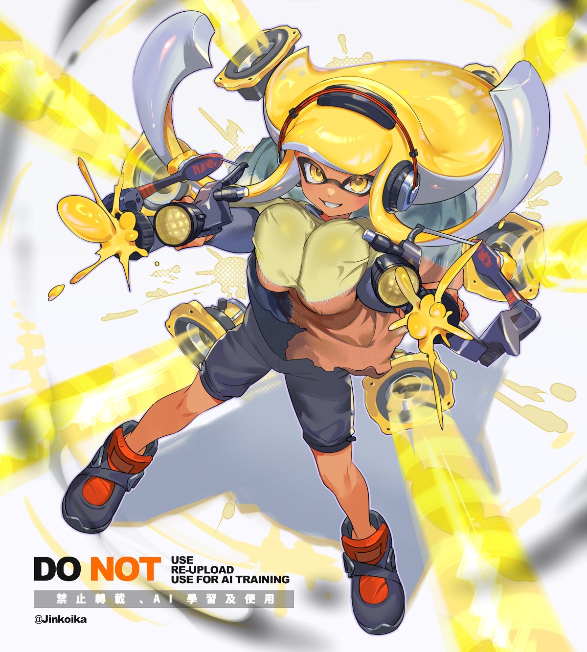 jinkoika, inkling girl, inkling player character, nintendo, splatoon (series), splatoon 3, commentary request, highres, 1girl, blonde hair, blue shoes, blue shorts, breasts, breasts squeezed together, dapple dualies (splatoon), dark-skinned female, dark skin, dual wielding, firing, firing at viewer, floating hair, full body, grin, headphones, high tops, holding, holding weapon, inkling, killer wail 5.1 (splatoon), large breasts, long hair, looking at viewer, multicolored shoes, patchwork clothes, red shoes, shoes, shorts, smile, sneakers, solo, tentacle hair, two-tone shoes, weapon, yellow eyes