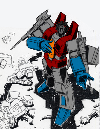 starscream, transformers, transformers: generation 1, 1980s (style), lowres, broken, corpse, debris, decepticon, gun, mecha, music, no humans, oldschool, partially colored, retro artstyle, robot, science fiction, singing, weapon