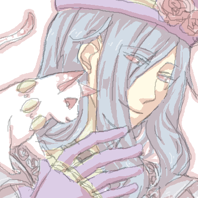endrance (.hack//), mia (.hack//), .hack//, .hack//g.u., bandai, cyber connect 2, lowres, 00s, 1boy, blue hair, cat, close-up, flower, gloves, hair over one eye, hat, long hair, male focus, oekaki, pink eyes, rose, sketch, smile, solo
