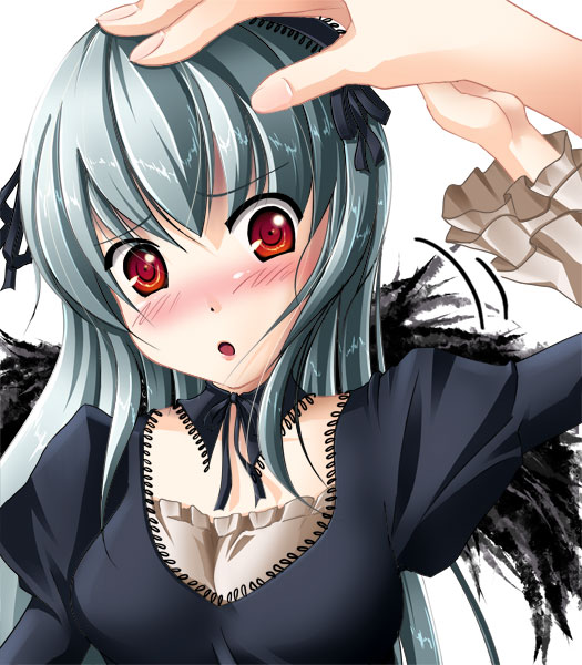 chibimame, suigintou, rozen maiden, hand on head, silver hair, 00s, 1girl, blush, dress, frills, hairband, headpat, petite, red eyes, size difference, solo focus, wings