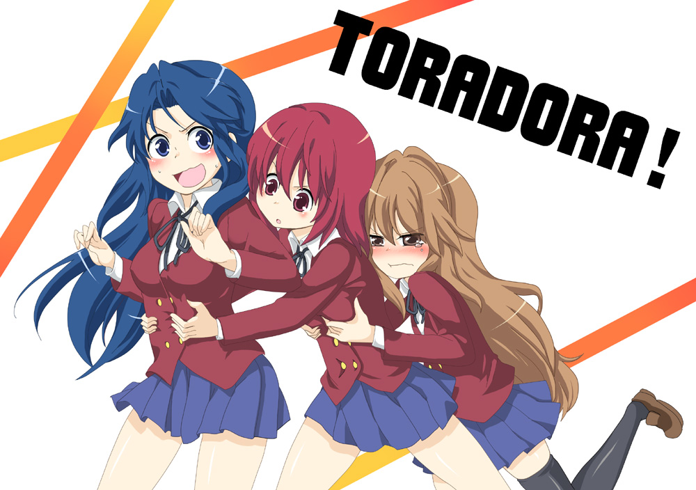 mitsuki meia, aisaka taiga, kawashima ami, kushieda minori, toradora!, bad id, bad pixiv id, 00s, 3girls, blue eyes, blue hair, blush, breast envy, breasts, brown eyes, brown hair, grabbing another's breast, groping, long hair, medium breasts, multiple girls, red eyes, red hair, school uniform, short hair, skirt, small breasts, tears, thighhighs, zettai ryouiki