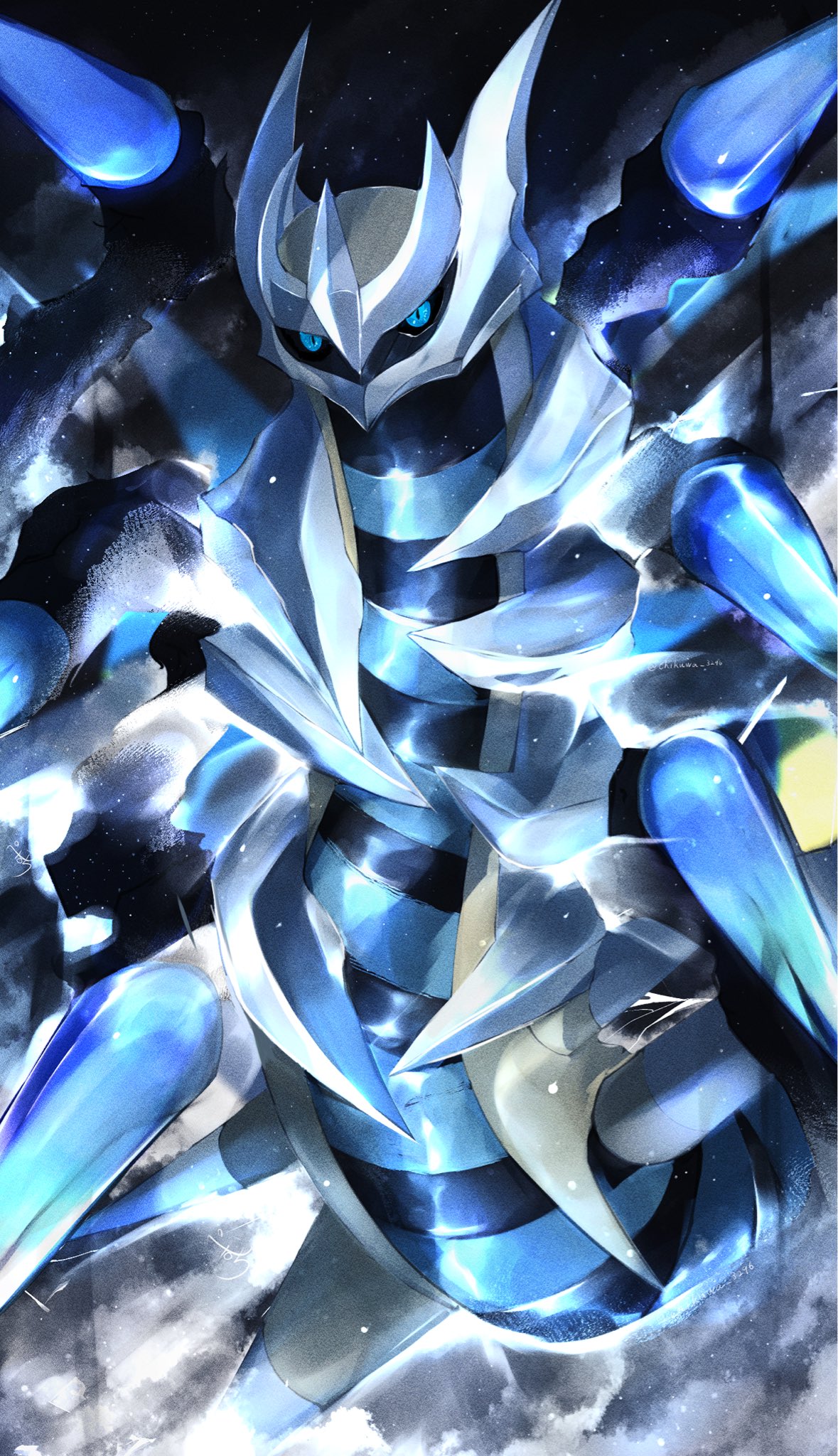 pemuchi (chikuwa 3296), giratina, giratina (origin), nintendo, pokemon, highres, alternate color, black sclera, blue eyes, colored sclera, dragon, gen 4 pokemon, legendary pokemon, looking at viewer, no humans, pokemon (creature), pokemon focus, shiny pokemon, solo, spikes