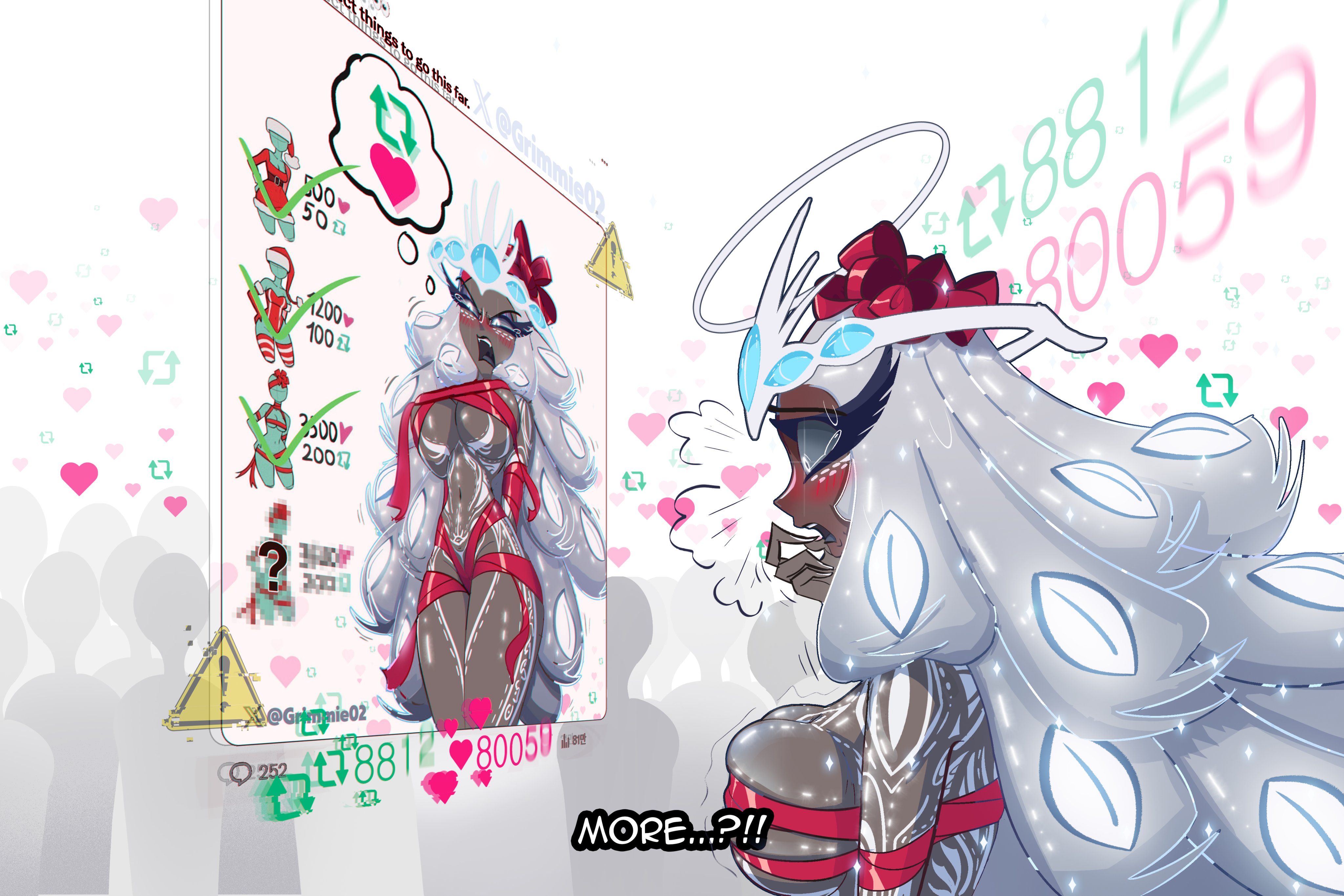 grimmie02, sera (hazbin hotel), hazbin hotel, hellaverse, absurdres, highres, 1girl, arms behind back, artist name, blush, breasts, colored sclera, cowboy shot, fangs, grey hair, grey sclera, hair ribbon, large breasts, like and retweet, long hair, navel, red ribbon, restrained, ribbon, shiny skin, simple background, solo, teeth, twitter strip game, upper teeth only, white background, white eyes