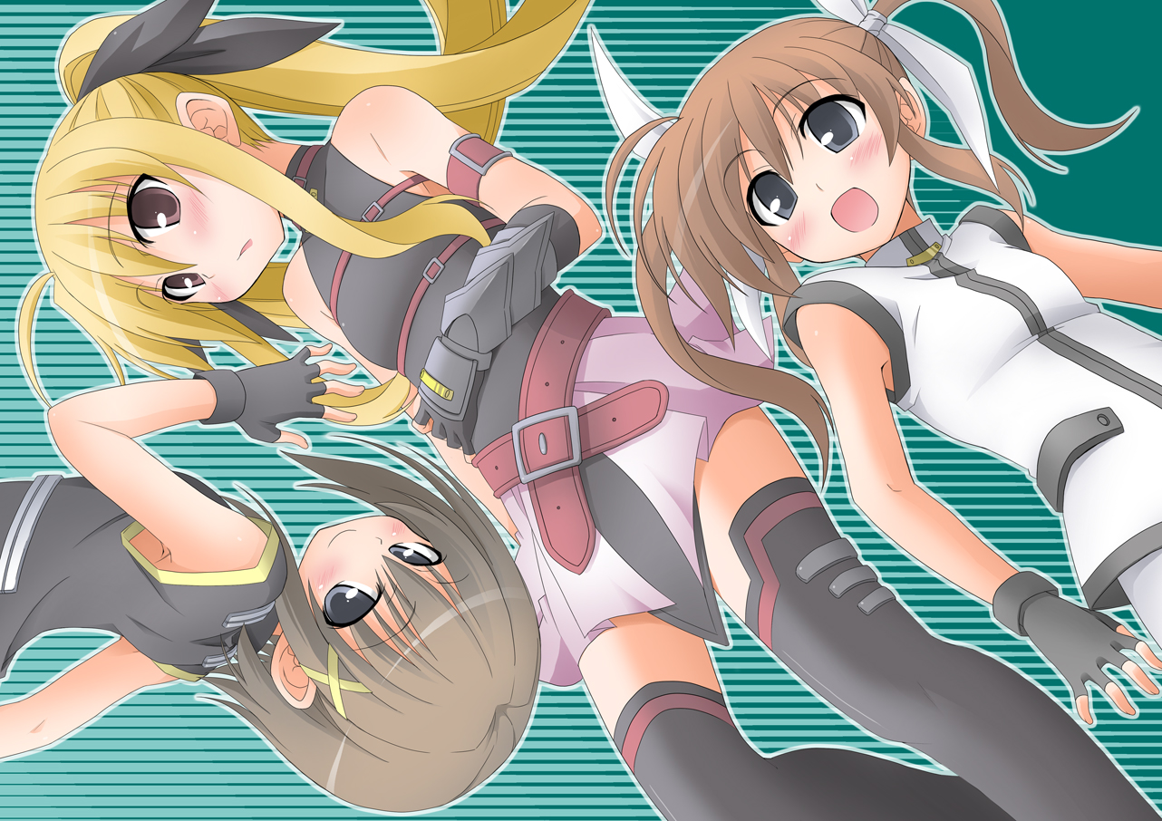 souto, fate testarossa, fate testarossa (lightning form), takamachi nanoha, takamachi nanoha (sacred mode), yagami hayate, lyrical nanoha, mahou shoujo lyrical nanoha, mahou shoujo lyrical nanoha a's, bad id, bad pixiv id, 00s, 3girls, belt, blonde hair, blue eyes, brown hair, gloves, hair ribbon, multiple girls, red eyes, ribbon, short hair, thighhighs