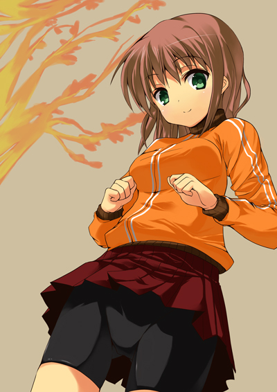 amaa (chou dennou jidai), hinoeya kiuri, 1girl, bike shorts, brown hair, female focus, green eyes, short hair, skirt, solo