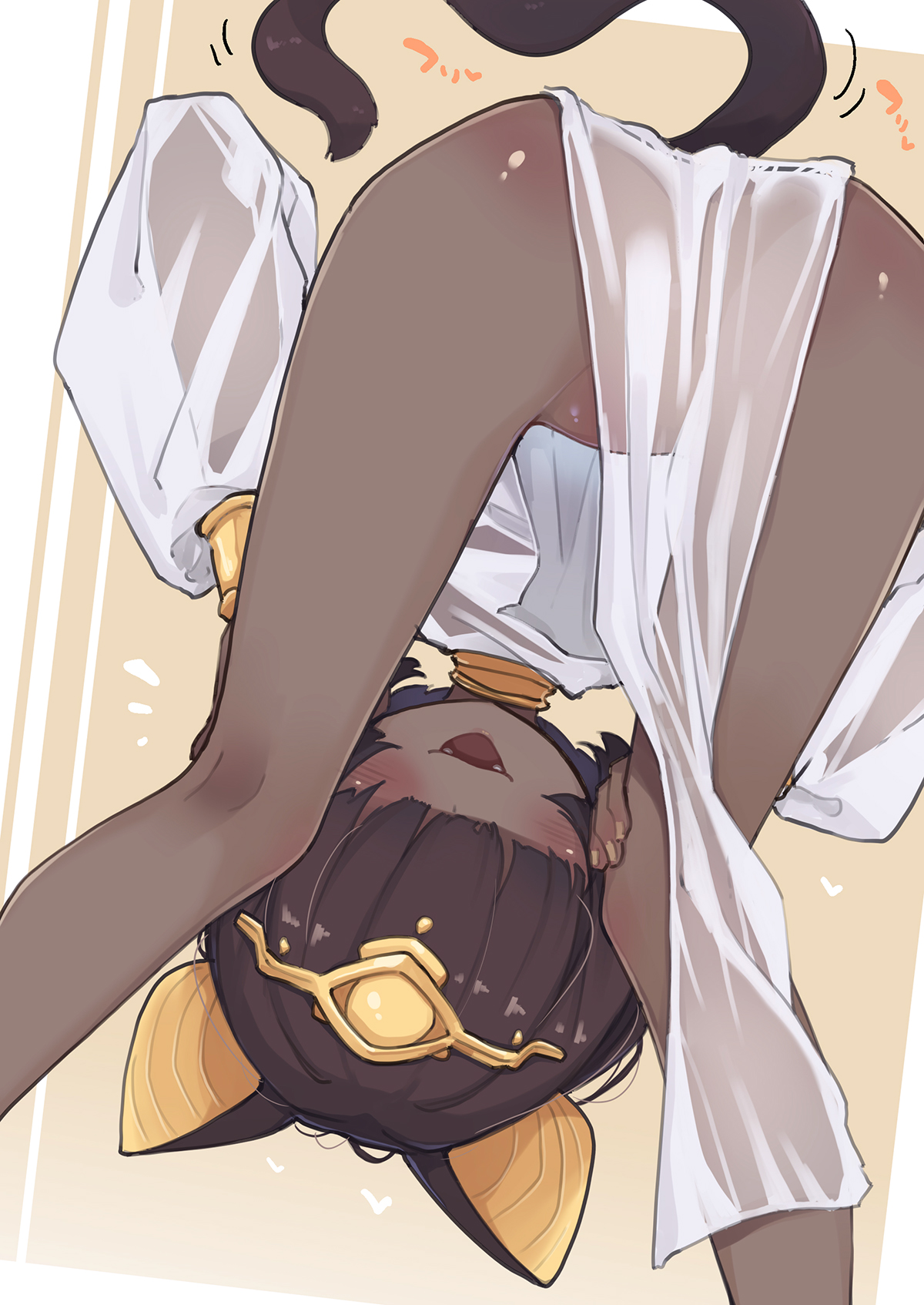 ogami kazuki, original, commentary request, highres, 1girl, :3, animal ears, ass, black hair, cat ears, cat girl, cat tail, dark-skinned female, dark skin, fangs, hair over eyes, if you want to become a godly artist (trend), open mouth, pelvic curtain, solo, tail