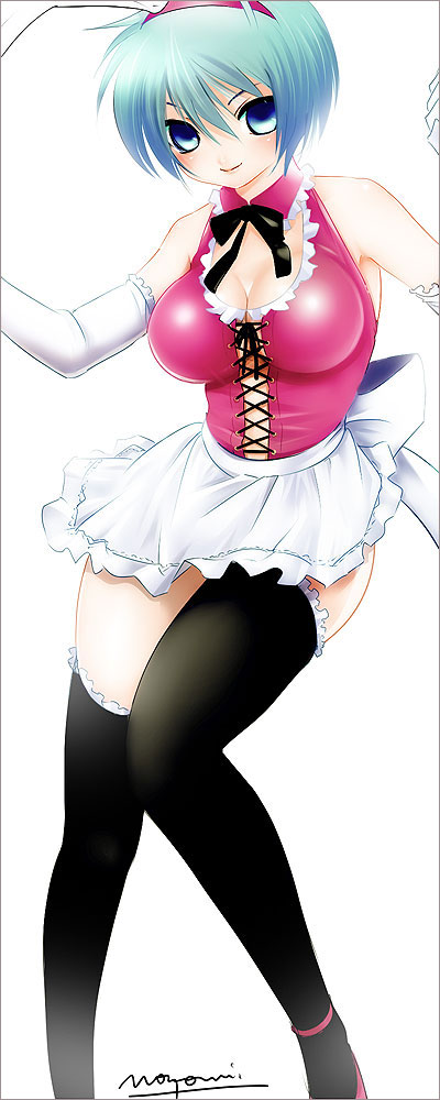 nozomi (artist), animal ears, blue eyes, blue hair, breasts, cleavage, large breasts, maid, short hair, solo, thighhighs