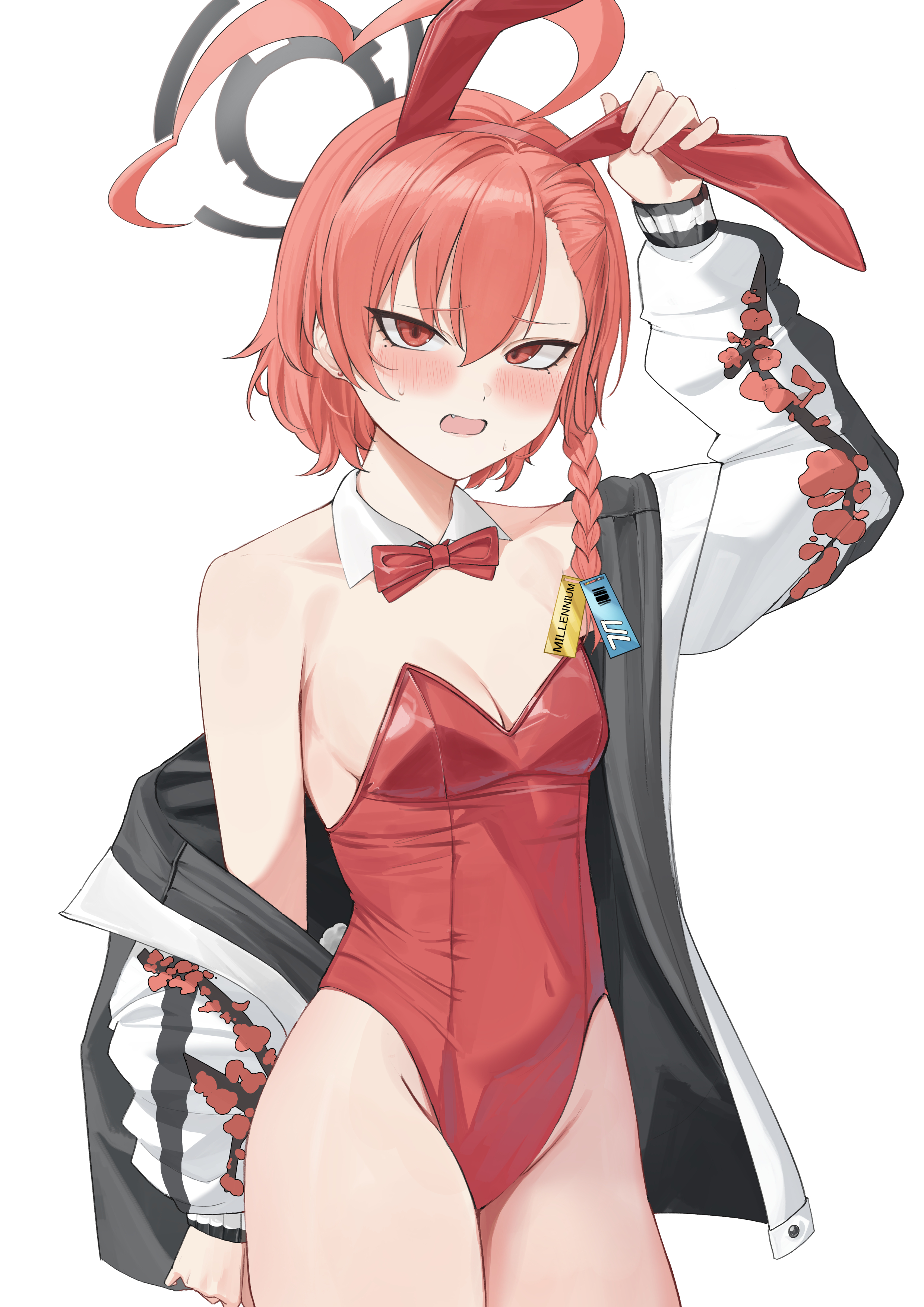 ref (pmxt4483), neru (blue archive), neru (bunny) (blue archive), blue archive, absurdres, highres, 1girl, ahoge, animal ear hairband, animal ears, black halo, blush, bow, bowtie, braid, breasts, detached collar, fake animal ears, hair between eyes, hairband, halo, highleg, highleg leotard, huge ahoge, jacket, leotard, looking at viewer, mole, mole under each eye, mole under eye, multiple moles, official alternate costume, open mouth, playboy bunny, print jacket, rabbit ear hairband, rabbit ears, red bow, red bowtie, red eyes, red hairband, red leotard, short hair, small breasts, solo, strapless, strapless leotard, sukajan, traditional bowtie