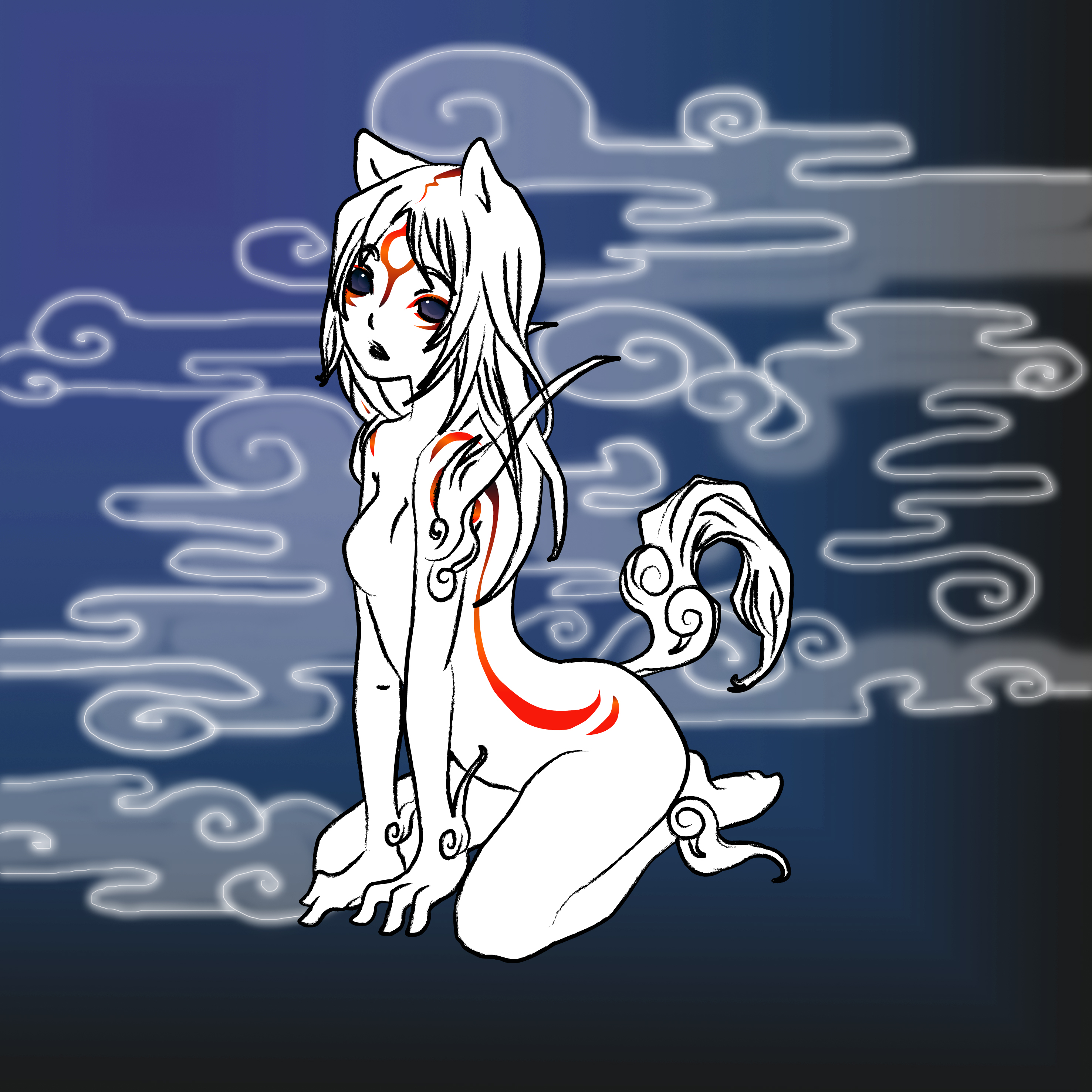 kintaro, amaterasu (ookami), capcom, ookami (game), absurdres, highres, 1girl, animal ears, arched back, arm support, barefoot, blue eyes, bodypaint, braid, empty eyes, facial mark, female focus, flat chest, forehead mark, groin, long hair, multicolored hair, no nipples, nude, open mouth, personification, seiza, sitting, solo, tail, tattoo, two-tone hair, white hair, wolf, wolf ears, wolf tail