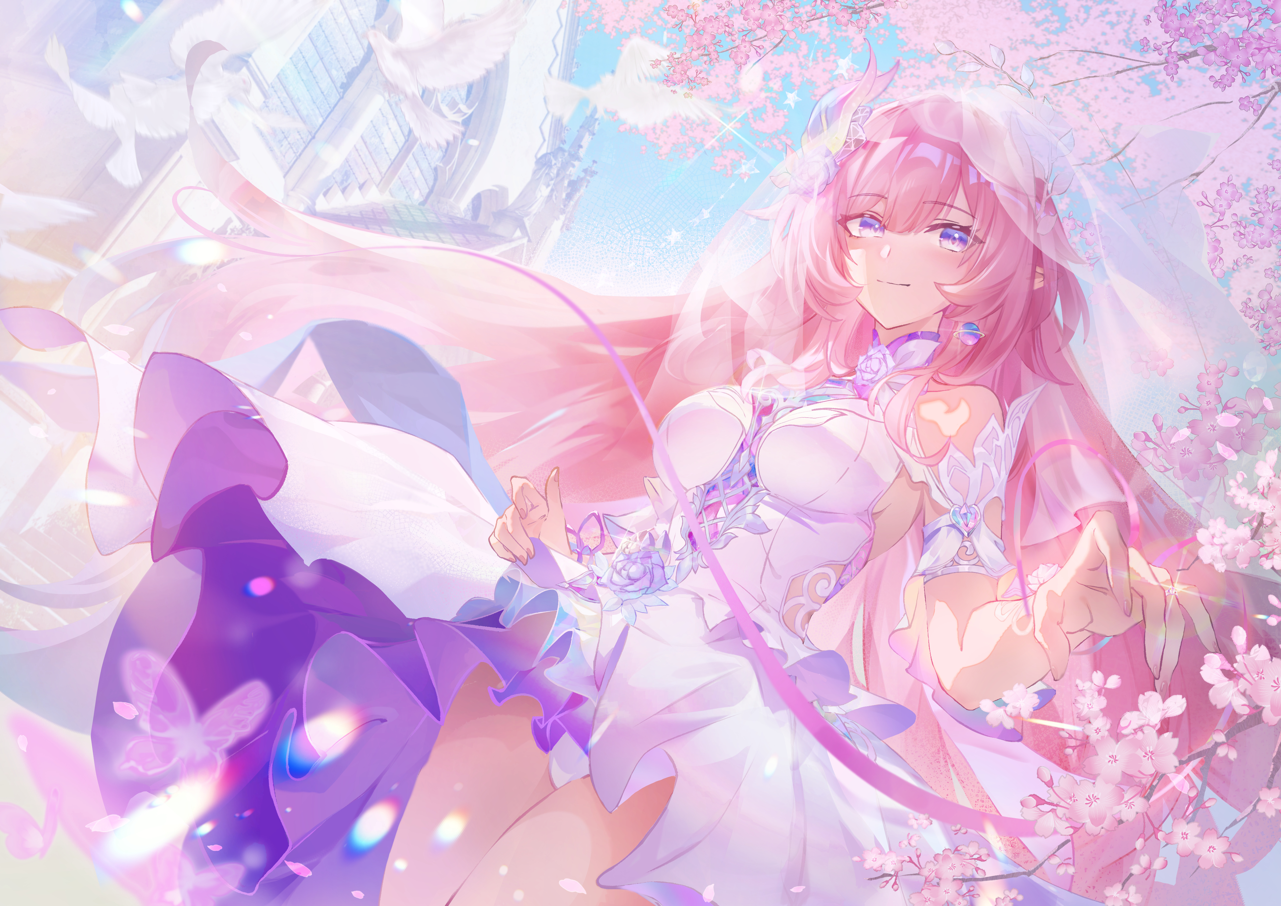 miaosu, cyrene (honkai: star rail), cyrene (ripples of past reverie) (honkai: star rail), honkai: star rail, honkai (series), absurdres, commentary, highres, 1girl, arm garter, bare shoulders, blue sky, breasts, cathedral, church, closed mouth, cowboy shot, day, dress, earrings, fingernails, flower, hair flower, hair ornament, jewelry, long hair, looking at viewer, medium breasts, outdoors, pink hair, purple eyes, purple flower, purple rose, rose, sky, smile, solo, veil, very long hair, white dress, white veil