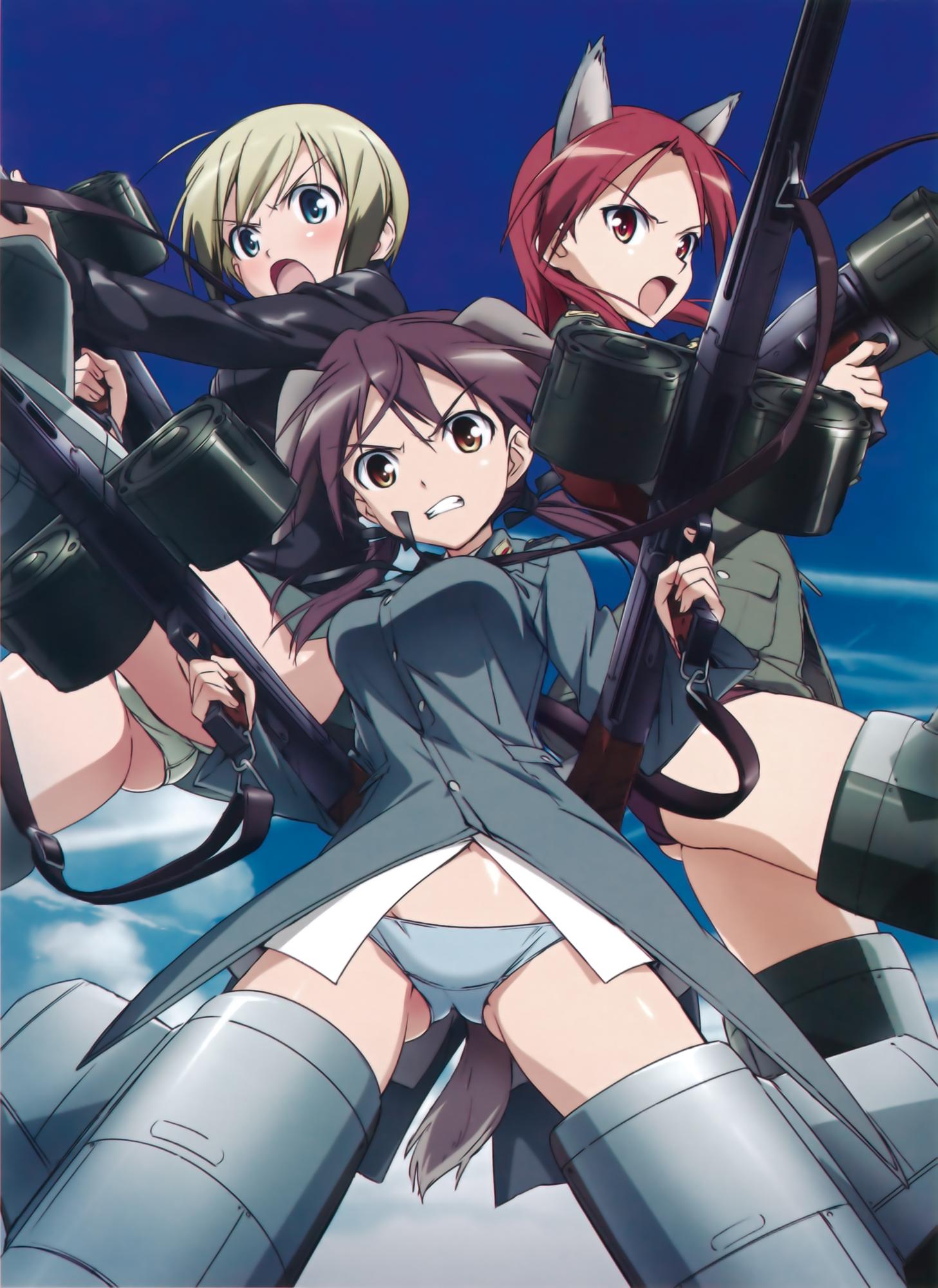 takamura kazuhiro, erica hartmann, gertrud barkhorn, minna-dietlinde wilcke, strike witches, world witches series, silver hair, highres, official art, scan, >:o, 00s, 3girls, :o, ahoge, angry, animal ears, ass, back-to-back, black hair, blue eyes, blue panties, blush, brown eyes, buttons, clenched teeth, cloud, dog ears, dog tail, double-drum magazine, drum magazine, dual wielding, fighting stance, flying, groin, gun, hair ribbon, high-capacity magazine, holding, long hair, long sleeves, looking at viewer, low twintails, lowleg, lowleg panties, machine gun, magazine (weapon), mecha musume, mg42, military, military uniform, multicolored hair, multiple girls, navel, no pants, outdoors, panties, purple hair, purple panties, red eyes, red hair, ribbon, saddle-drum, shirt, short hair, sky, spread legs, strap, striker unit, tail, teeth, twintails, two-tone hair, underwear, v-shaped eyebrows, weapon, white panties, wolf ears
