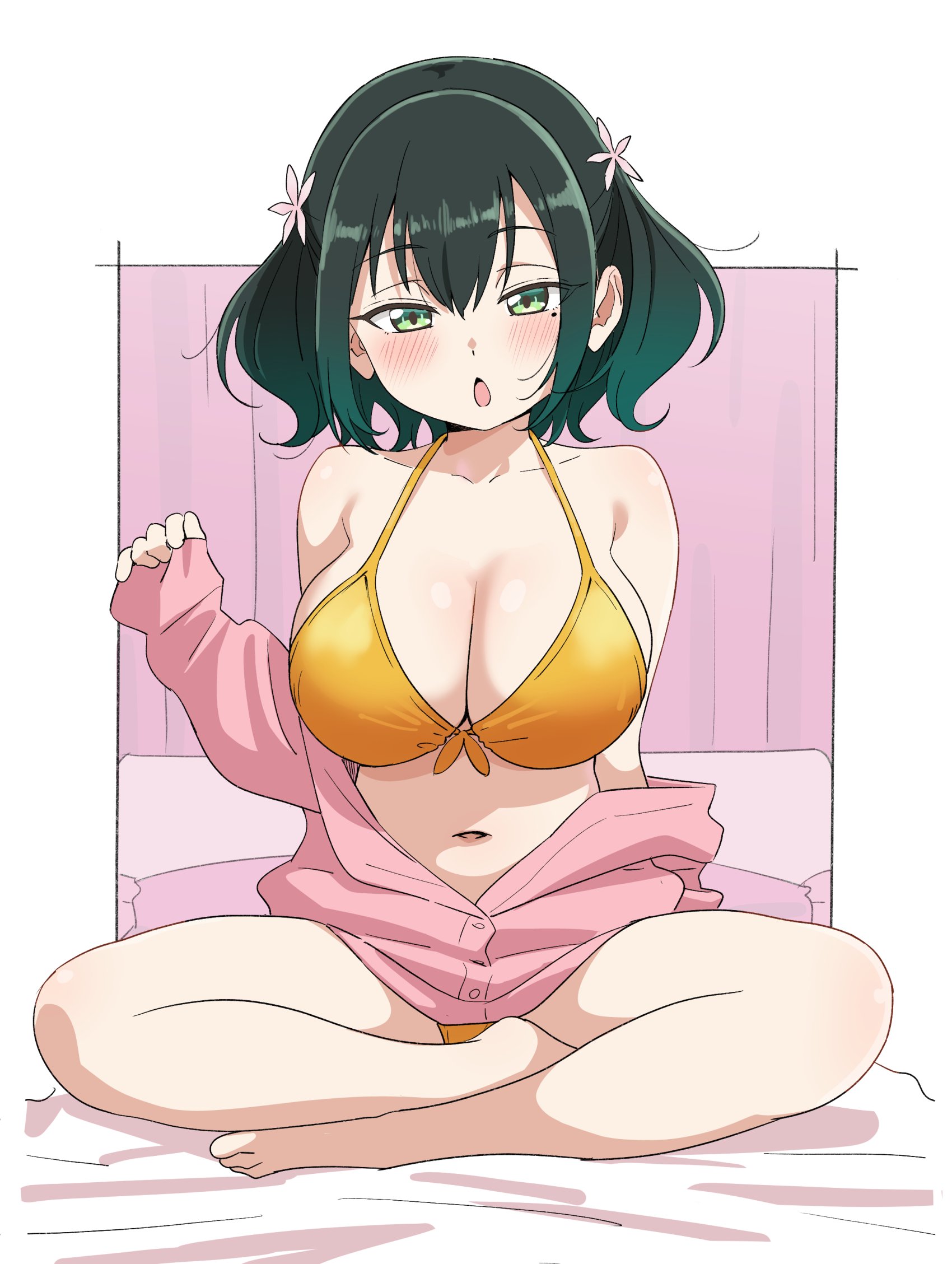 sincos, ruriha rura, bad girl (manga), highres, 1girl, bikini, blush, breasts, flower, green eyes, hair flower, hair ornament, large breasts, looking at viewer, medium hair, mole, mole under eye, navel, on bed, open mouth, sitting, solo, swimsuit, twintails, yellow bikini