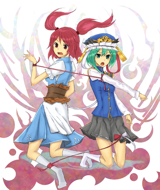 kiyuren, onozuka komachi, shiki eiki, touhou, 2girls, asymmetrical clothes, female focus, full body, green eyes, kneehighs, multiple girls, red eyes, ribbon, socks, string, string of fate