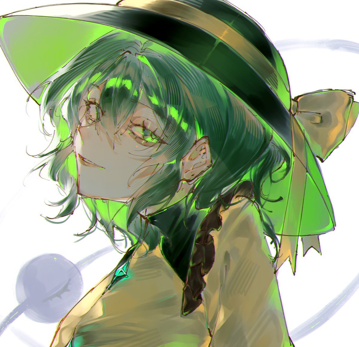komeiji koishi, touhou, 1girl, black hat, buttons, diamond button, eyeball, frilled shirt collar, frills, green eyes, green hair, hat, hat ribbon, keikeikeicha, ribbon, shirt, smile, third eye, white background, yellow ribbon, yellow shirt