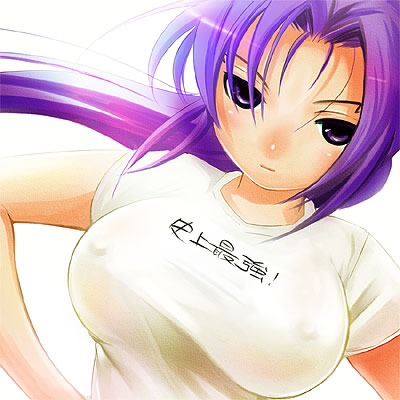 nozomi (artist), kousaka shigure, shijou saikyou no deshi ken'ichi, lowres, translated, 00s, 10s, 1girl, breasts, clothes writing, covered erect nipples, female focus, huge breasts, large breasts, no bra, purple eyes, purple hair, solo, text focus
