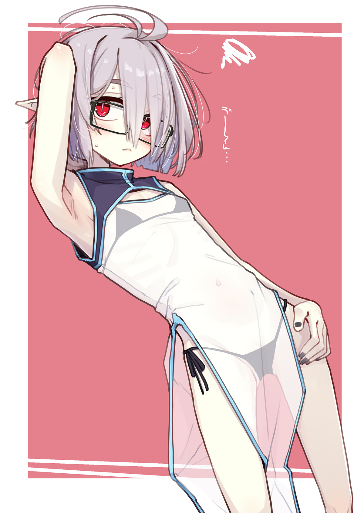 ogami kazuki, letty (ogami kazuki), original, commentary request, highres, 1girl, ahoge, armpits, bikini, black bikini, dress, flat chest, glasses, grey hair, pointy ears, red eyes, solo, swimsuit