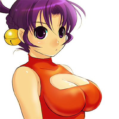 nozomi (artist), ma renka, shijou saikyou no deshi ken'ichi, lowres, 00s, 10s, 1girl, bell, breasts, cleavage, cleavage cutout, clothing cutout, female focus, huge breasts, large breasts, open clothes, open shirt, purple eyes, purple hair, shirt, solo
