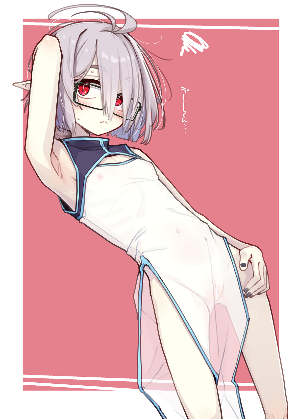 ogami kazuki, letty (ogami kazuki), original, commentary request, highres, 1girl, ahoge, armpits, china dress, chinese clothes, dress, flat chest, glasses, grey hair, nipples, pointy ears, red eyes, solo