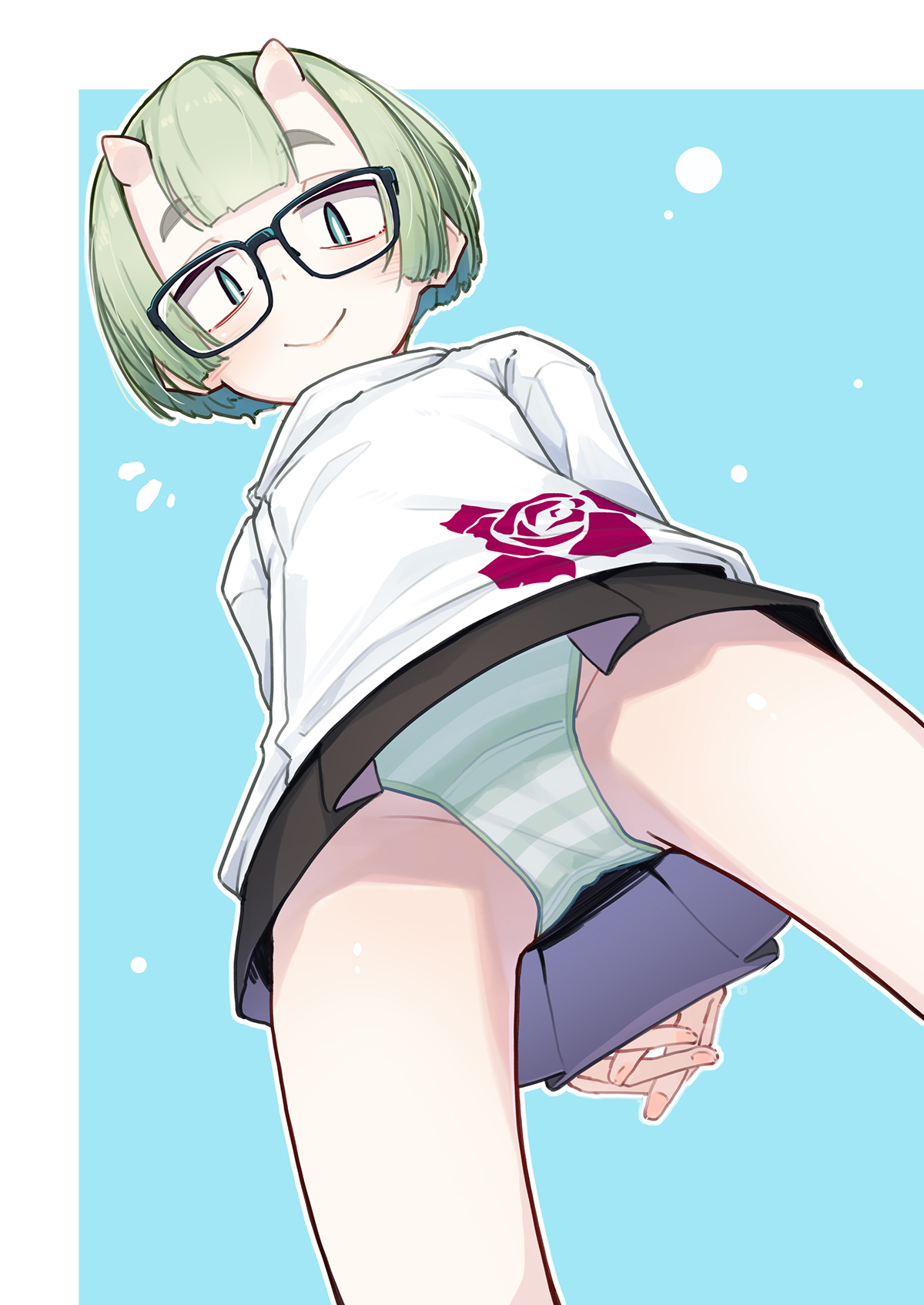 ogami kazuki, akira (ogami kazuki), original, commentary request, highres, 1girl, flat chest, from below, glasses, green hair, horns, looking at viewer, panties, short hair, skirt, smile, solo, striped clothes, striped panties, underwear