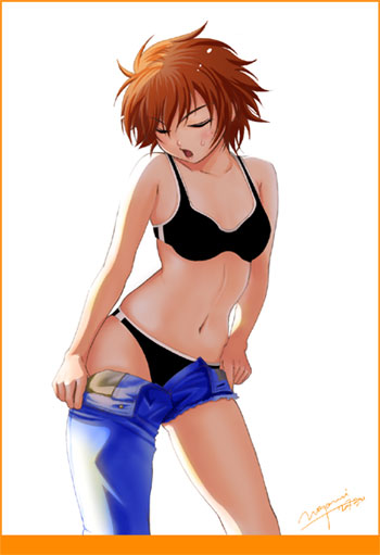 nozomi (artist), nanjou kisara, shijou saikyou no deshi ken'ichi, 00s, 10s, 1girl, asymmetrical clothes, black bra, black panties, bra, cutoffs, denim, female focus, jeans, lingerie, panties, pants, short hair, single pantsleg, solo, torn clothes, torn jeans, torn pants, underwear, undressing