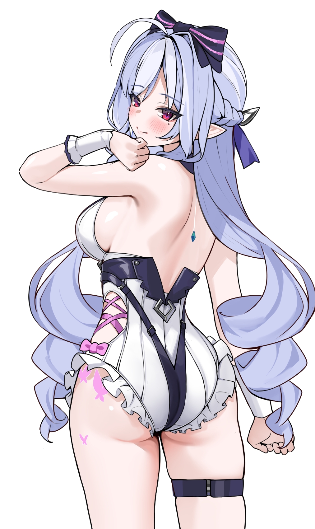 matrix16, vivian banshee, vivian banshee (iris of the shore), zenless zone zero, highres, 1girl, ass, backless swimsuit, blush, breasts, from behind, hand up, large breasts, long hair, multicolored hair, official alternate costume, one-piece swimsuit, pointy ears, purple hair, red eyes, sideboob, simple background, smile, solo, streaked hair, swimsuit, thigh strap, white background, white hair, white one-piece swimsuit
