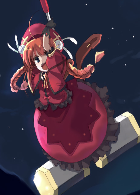 graf eisen, vita (nanoha), lyrical nanoha, mahou shoujo lyrical nanoha, mahou shoujo lyrical nanoha a's, 00s, braid, dress, gloves, hammer, hat, holding behind back, holding weapon behind back, red hair, solo, twin braids, twintails