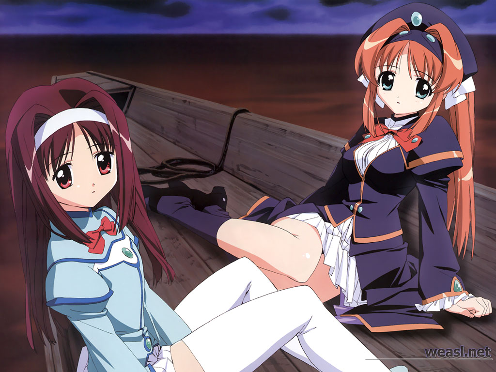 akari (kono minikuku mo utsukushii sekai), akari (konomini), hikari (kono minikuku mo utsukushii sekai), hikari (konomini), kono minikuku mo utsukushii sekai, 2girls, aqua eyes, boat, bow, hairband, hat, long hair, multiple girls, orange hair, ponytail, purple hair, red eyes, red hair, sitting, socks, thighhighs, watercraft, white thighhighs, zettai ryouiki