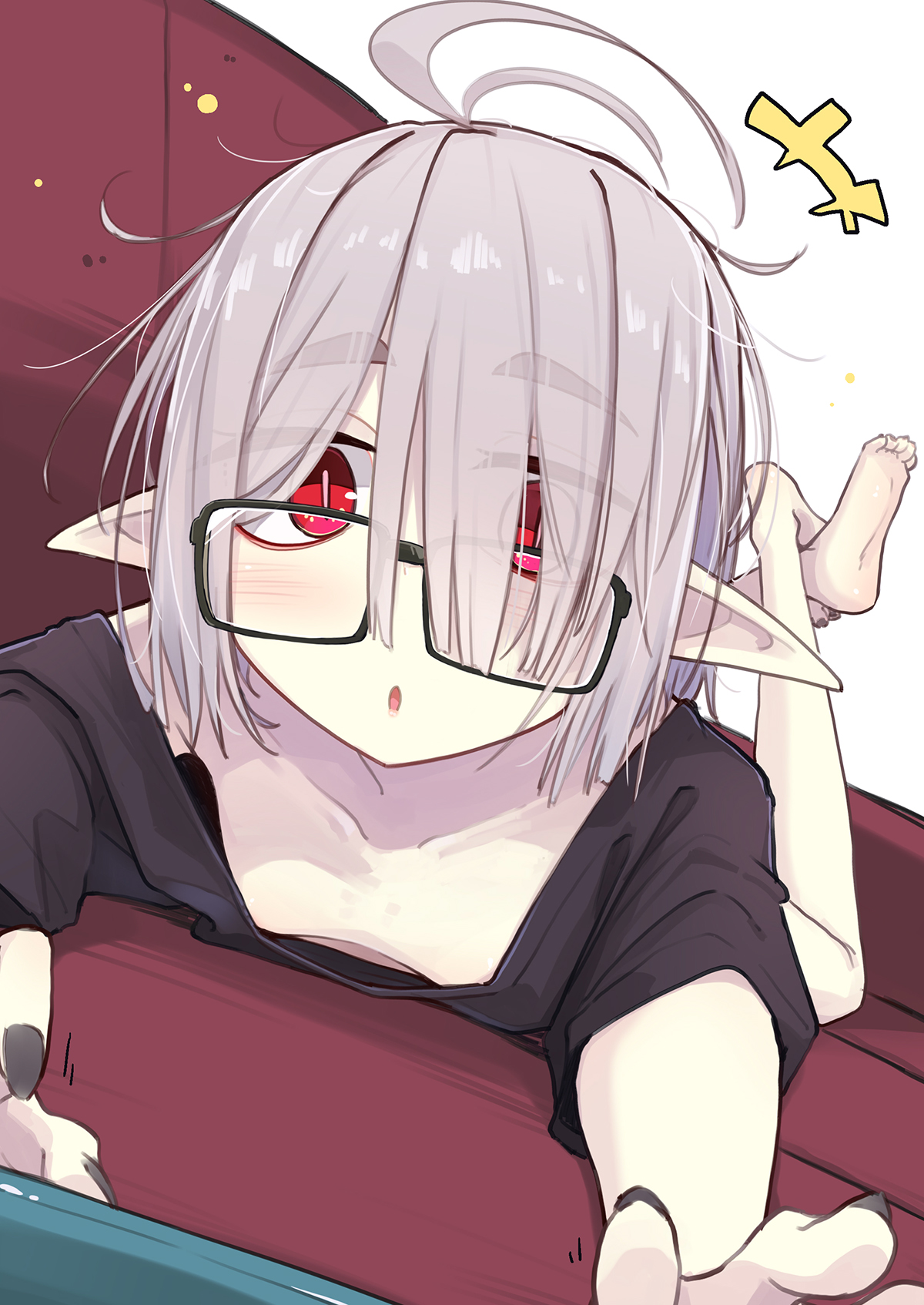 ogami kazuki, letty (ogami kazuki), original, commentary request, highres, 1girl, ahoge, barefoot, black-framed eyewear, black nails, breasts, glasses, grey hair, looking at viewer, lying, on stomach, pointy ears, red eyes, shirt, small breasts, solo