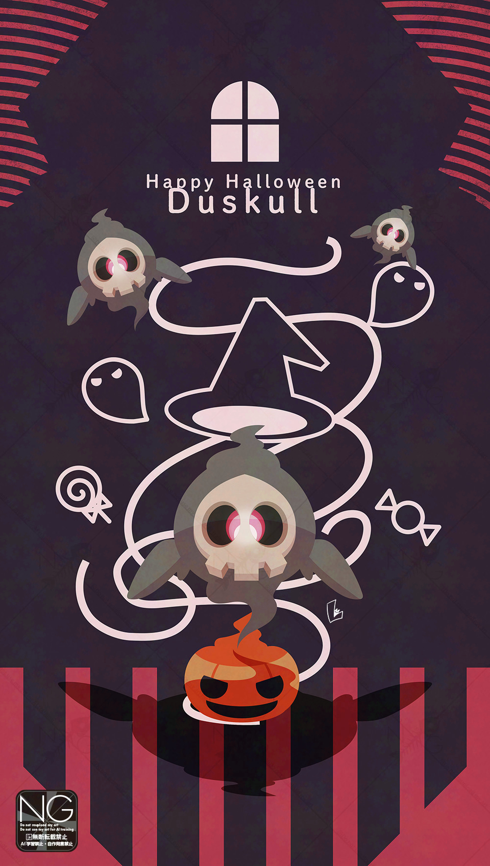 meme (sleepsheep), duskull, nintendo, pokemon, highres, candy, floating, food, gen 3 pokemon, ghost, halloween, hat, jack-o'-lantern, lollipop, looking at viewer, no humans, one-eyed, pokemon (creature), pokemon focus, pumpkin, red eyes, witch hat