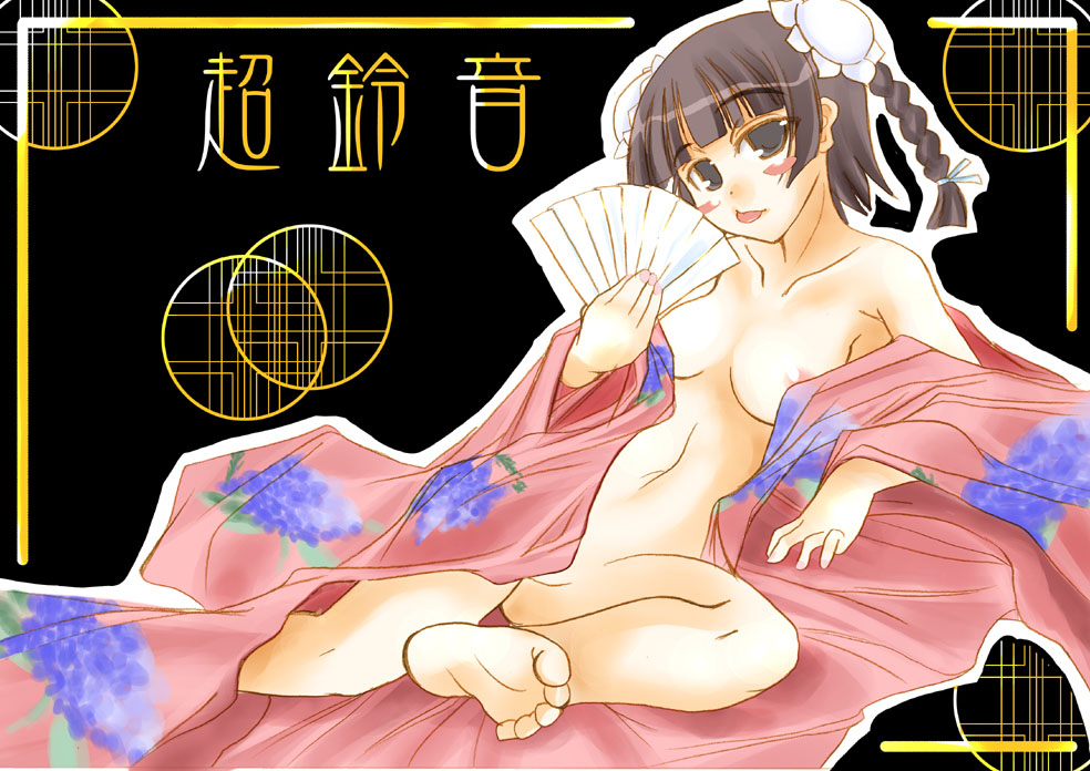 mabuchoco m, chao lingshen, mahou sensei negima!, 00s, 1girl, barefoot, black eyes, black hair, braid, breasts, bun cover, double bun, feet, female focus, hair bun, hand fan, japanese clothes, kimono, medium breasts, naughty face, nipples, solo, tongue, twin braids, undressing