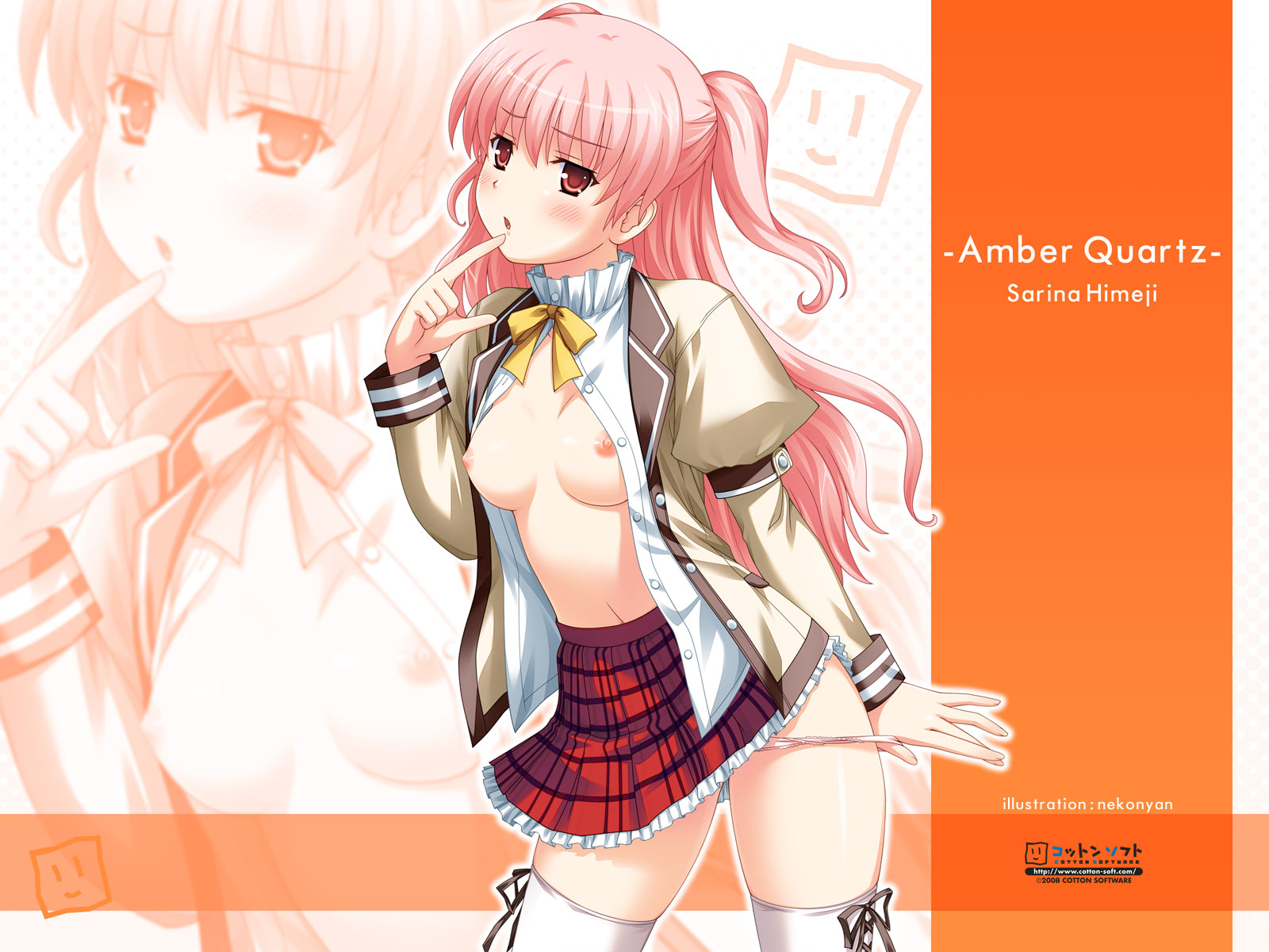 nekonyan, himeji sarina, amber quartz, highres, 1girl, blush, female focus, finger to mouth, long hair, no bra, open clothes, open shirt, panties, panty pull, pink eyes, pink hair, school uniform, shirt, solo, thighhighs, twintails, underwear, zoom layer