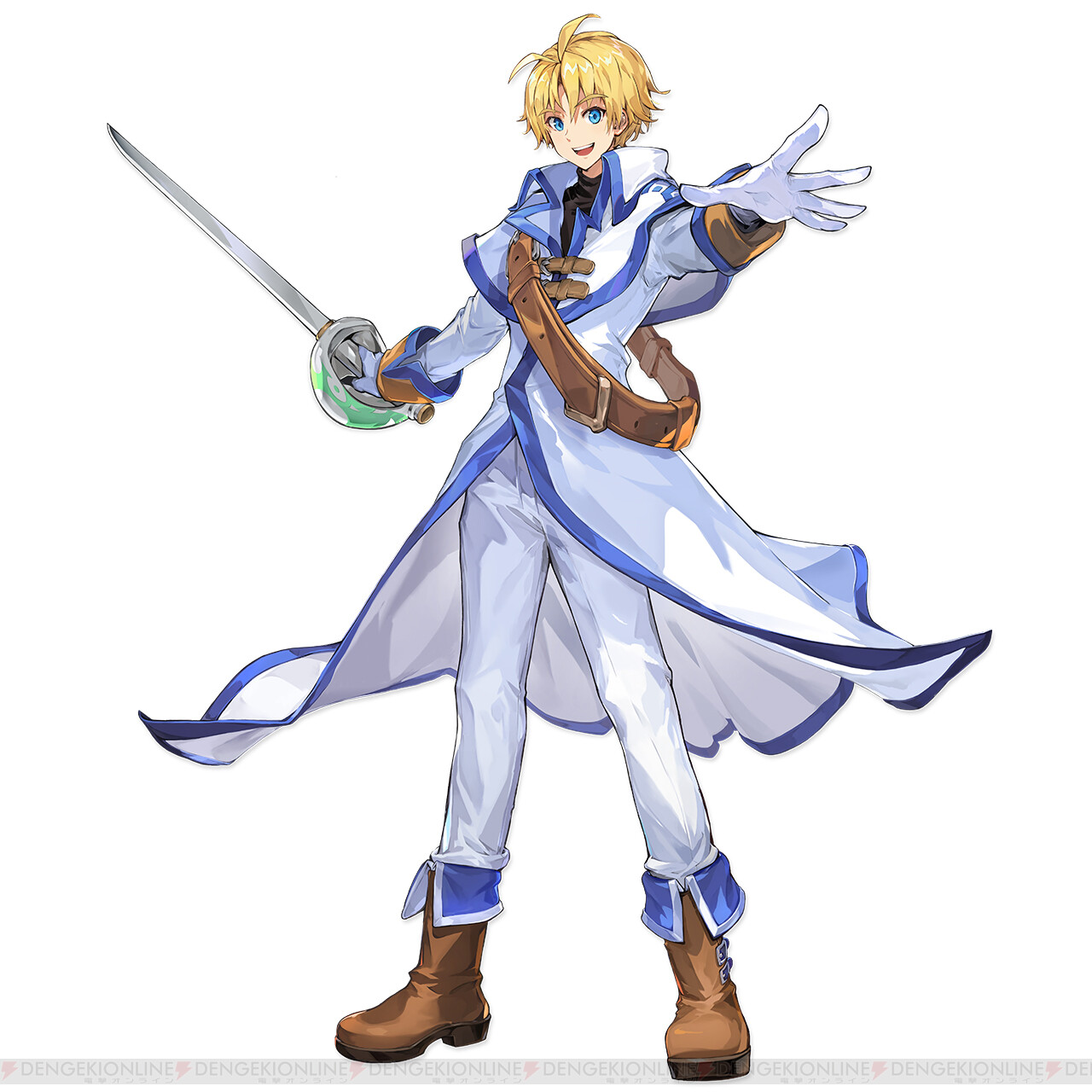 lucian kaltz, dengeki, nexon, tales weaver, artist request, highres, official art, second-party source, 1boy, ankle boots, antenna hair, aqua eyes, belt, black mouth, black shirt, blonde hair, boots, brown belt, brown boots, capelet, capelet belt, coat, collared capelet, dengeki online, dress pants, epee, facing viewer, full body, gloves, grin, hair intakes, holding, holding sword, holding weapon, impasto, large belt, legs apart, long sleeves, looking at viewer, male focus, open hand, open mouth, pants, parted bangs, shirt, short hair, shoulder belt, simple background, sleeve cuffs, smile, solo, standing, sword, teeth, tongue, turtleneck, turtleneck shirt, undershirt, weapon, white background, white capelet, white coat, white gloves, white pants, white sleeves, wing collar