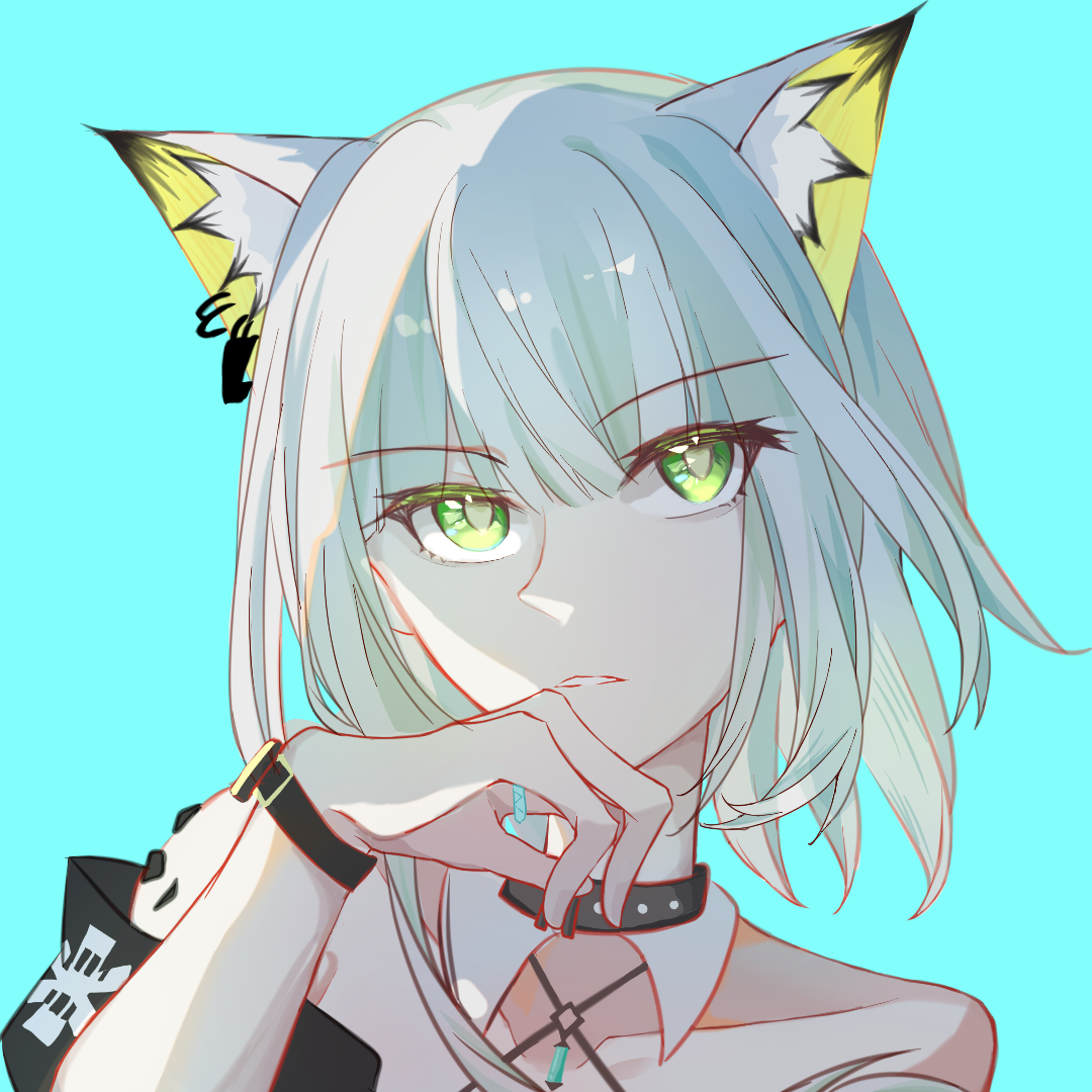 kal'tsit (arknights), arknights, chinese commentary, commentary request, 1girl, animal ear fluff, animal ear piercing, animal ears, aqua background, bare shoulders, collarbone, eyes visible through hair, green eyes, grey hair, halterneck, jewelry, jihuang82080, looking at viewer, material growth, off shoulder, oripathy lesion (arknights), parted lips, portrait, ring, short hair with long locks, simple background, solo, star of life