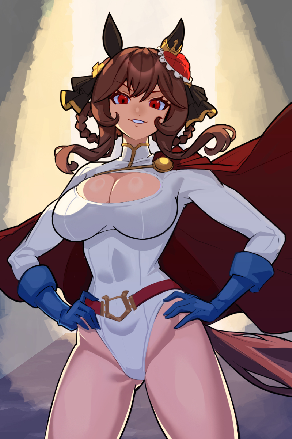 cell (fu cell), gentildonna (umamusume), power girl, dc comics, umamusume, highres, 1girl, animal ears, belt, blue gloves, braid, braided hair rings, breasts, brown hair, cape, cleavage, cleavage cutout, clothing cutout, cosplay, ear covers, ear ornament, gloves, grin, hair between eyes, hair ornament, hair rings, heart-shaped ornament, heart ear ornament, highleg, highleg leotard, horse ears, horse girl, horse tail, large breasts, leotard, long hair, looking at viewer, open mouth, power girl (cosplay), red belt, red cape, red eyes, sleeved leotard, smile, solo, superhero costume, tail, thighs, white leotard