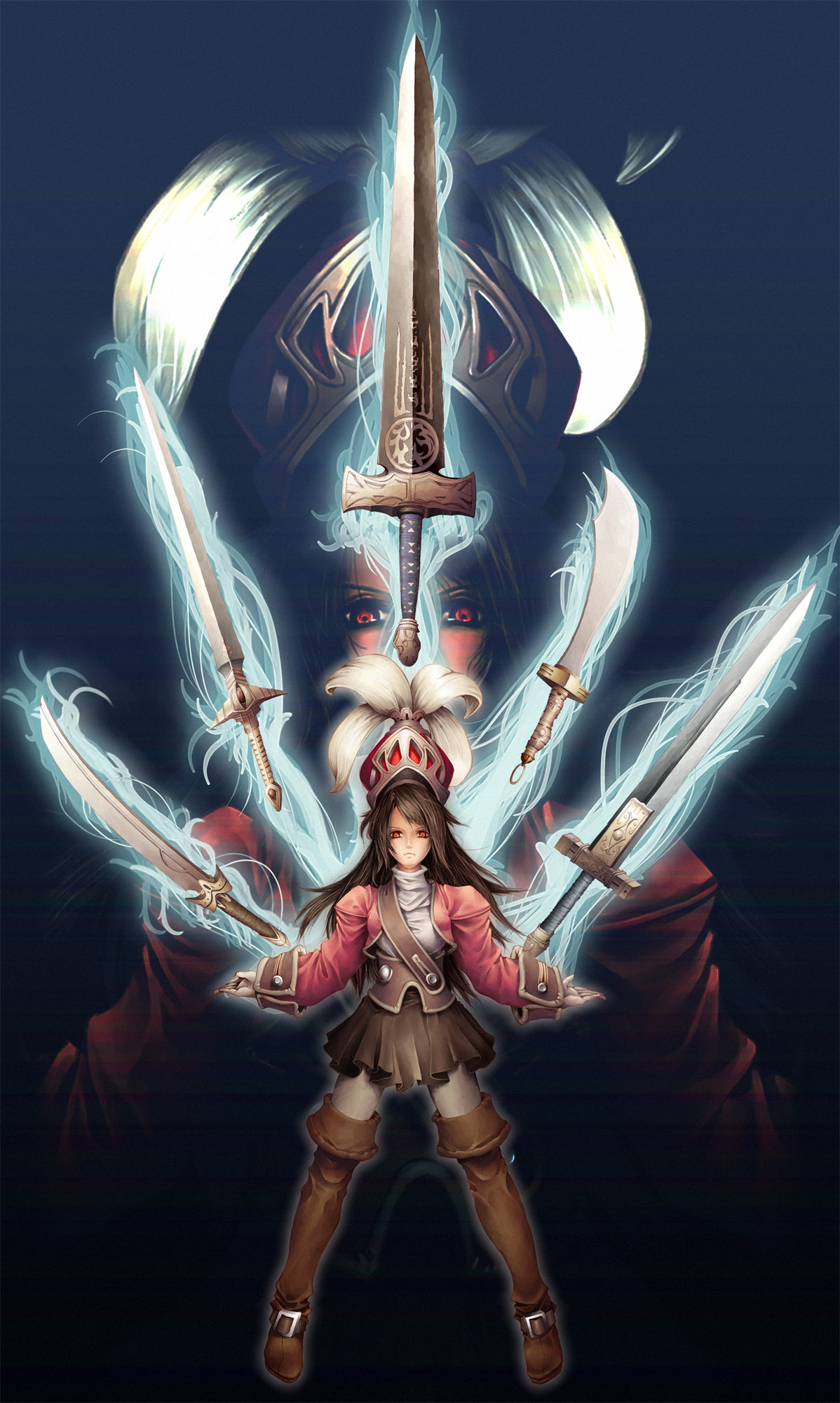 akisawa machi, onion knight, onion knight (fft), final fantasy, final fantasy tactics, bad id, bad pixiv id, highres, 1girl, armor, brown hair, female focus, hat, red eyes, skirt, solo, sword, weapon, zoom layer