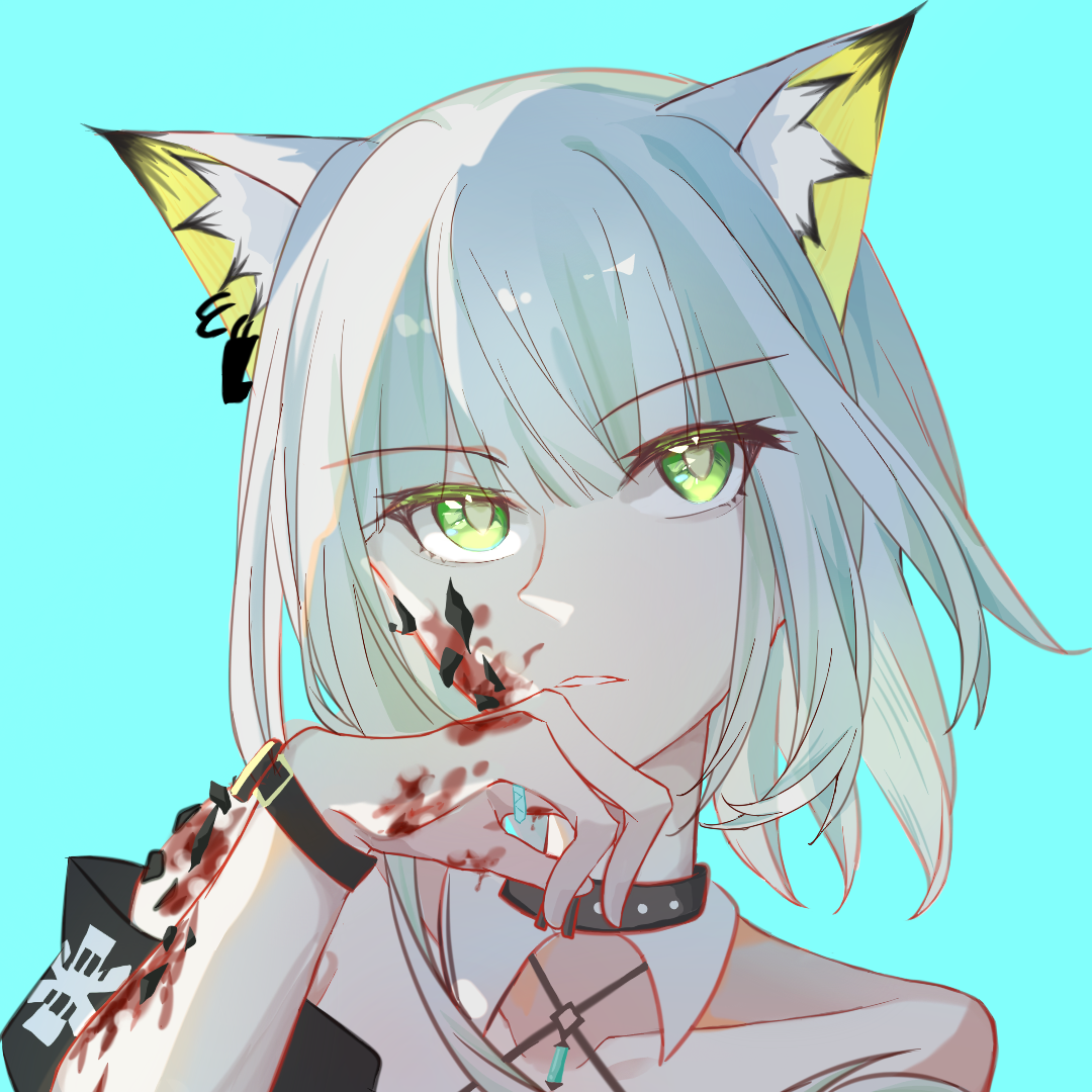 kal'tsit (arknights), arknights, chinese commentary, commentary request, 1girl, animal ear fluff, animal ear piercing, animal ears, aqua background, bare shoulders, blood, blood on face, blood on hands, collarbone, eyes visible through hair, green eyes, grey hair, halterneck, jewelry, jihuang82080, looking at viewer, material growth, off shoulder, oripathy lesion (arknights), parted lips, portrait, ring, short hair with long locks, simple background, solo, star of life