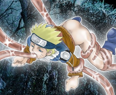 uzumaki naruto, naruto (classic), naruto (series), artist request, lowres, 1boy, bdsm, blonde hair, blue eyes, bondage, bottomless, bound, male focus, oral, rape, shota, solo, suspension, tentacles, tentacles on male, tongue, what