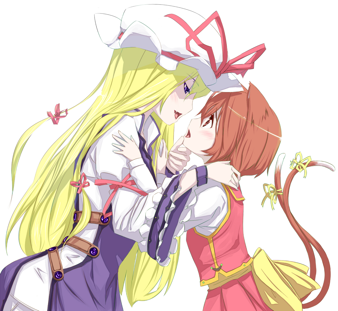 gustav (telomere na), chen, yakumo yukari, touhou, 2girls, animal ears, blonde hair, female focus, hat, imminent kiss, long hair, multiple girls, saliva, simple background, tail, yuri